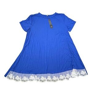 NWT A-Line Short Sleeve Tunic Slinky Flowing Lace Trim Blouse Royal Blue‎ LARGE